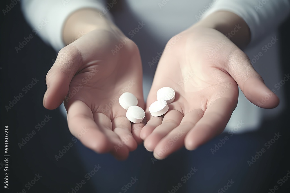 Woman hands with white pills. Human hands holding healthcare vitamins. Generate ai Woman hands with white pills. Human hands holding healthcare vitamins. Generate ai