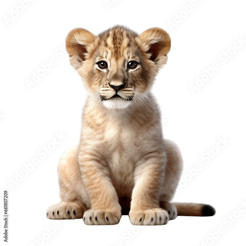 Lion Cub Sitting Isolated on Transparent or White Background, PNG