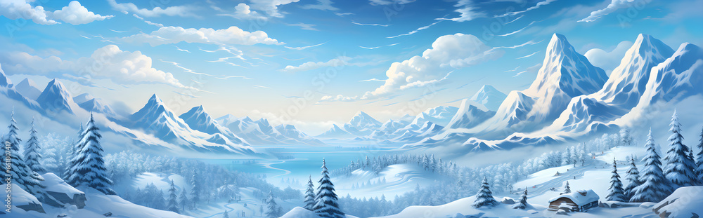 Winter Majesty, Panoramic Snowy Mountainscape