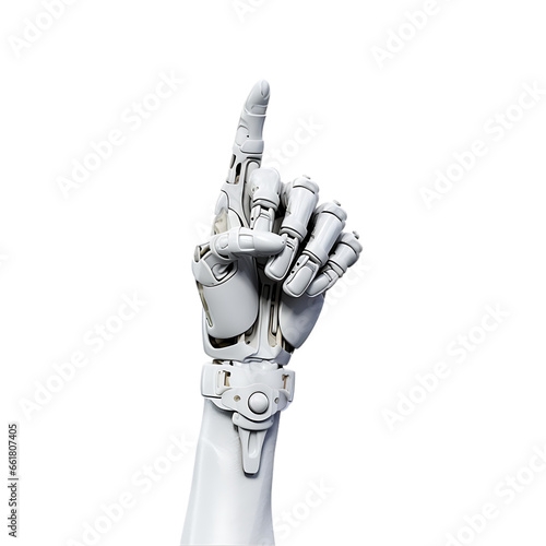 Plastic Robot Arm Showing Finger Sign Isolated on Transparent or White Background, PNG