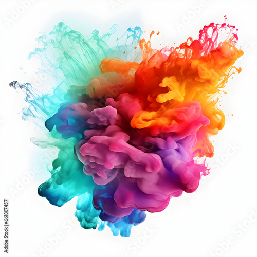 Dynamic Rainbow Smoke Cloud Burst on white Background. Vivid Colors for Creative Projects. High-Quality Visual Impact.