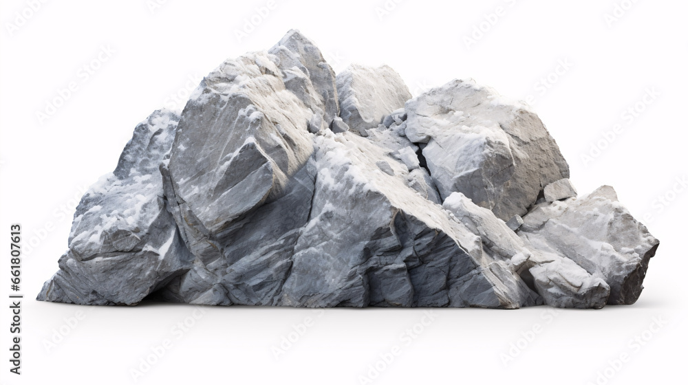 An isolated, white-backgrounded, snowy-topped boulder featuring a clipping path.