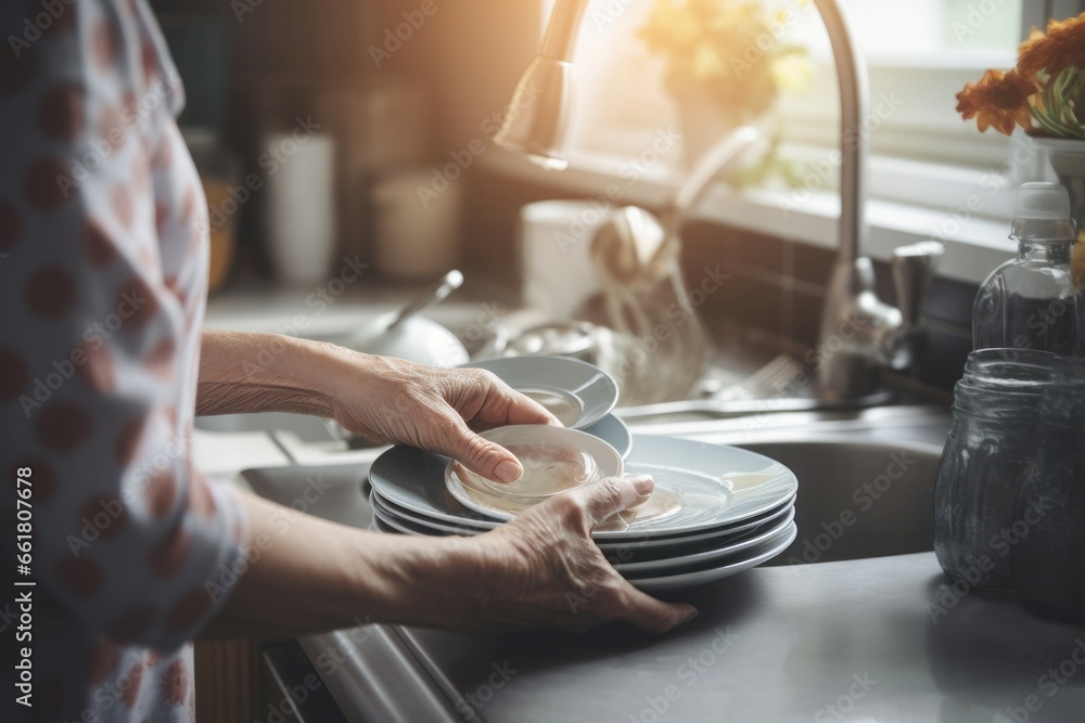 Woman washing dishes in kitchen. Domestic housework of cleaning eating plates. Generate ai Woman washing dishes in kitchen. Domestic housework of cleaning eating plates. Generate ai