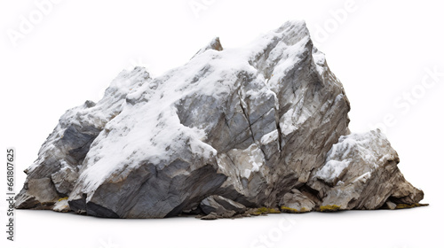 An isolated, snow-topped boulder on a pristine white backdrop, with a defined outline. © ckybe