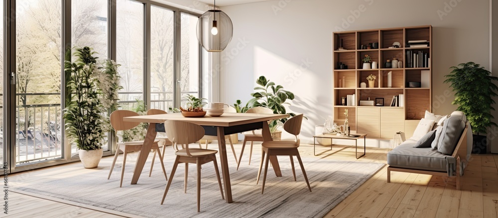 Fototapeta premium Minimalistic and bright Scandinavian apartment with open space design furniture family table plants brown wooden parquet stylish carpet big windows and a sunny ambiance With copyspace for t