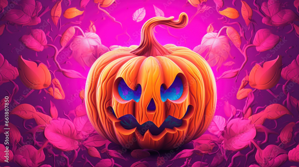 Illustration of a Halloween pumpkin in pink tones.