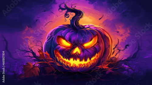 Illustration of a Halloween pumpkin in violet tones. photo