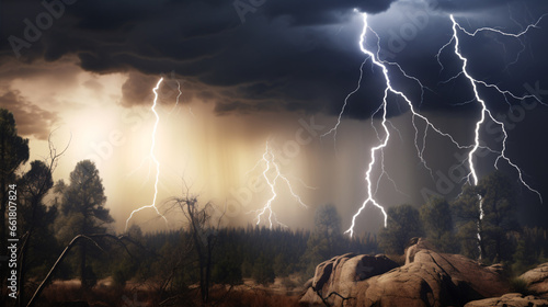 A thunderous storm with lightning illuminating the landscape.