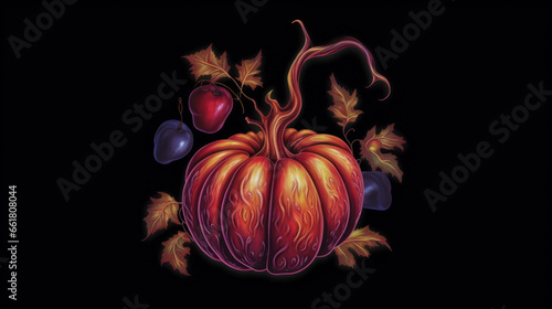 Illustration of a Halloween pumpkin in dark maroon tones.