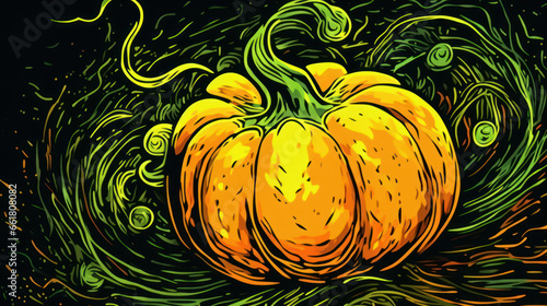 Illustration of a Halloween pumpkin in dark lime tones.