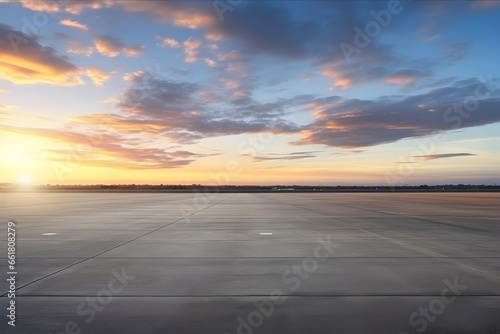 Scenic Twilight Drive: A mesmerizing view of a wide, flat asphalt road bathed in the evening's golden light. High-quality capture.