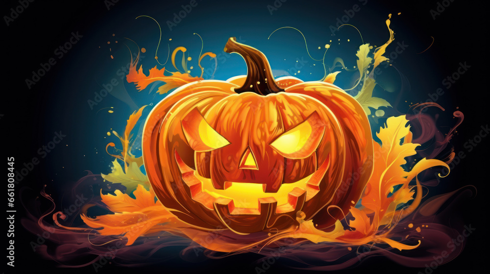 Illustration of a Halloween pumpkin in vivid yellow tones.