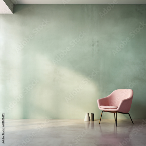 Blank limewashed green wall with minimal pink armchair