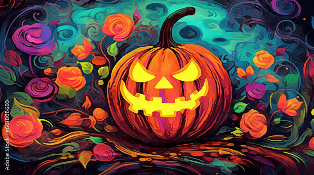 Illustration of a Halloween pumpkin in colorful tones.