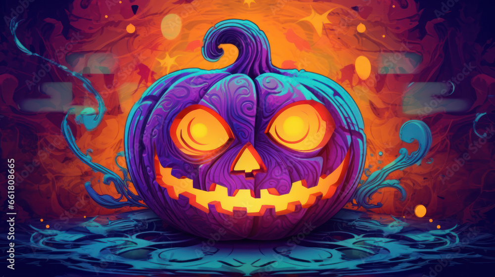 Illustration of a Halloween pumpkin in colorful tones.