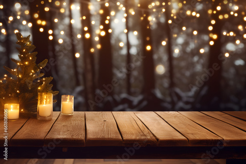 Cozy outdoor celebration. A wooden table adorned with sparkling Christmas tree lights, setting the perfect festive atmosphere.