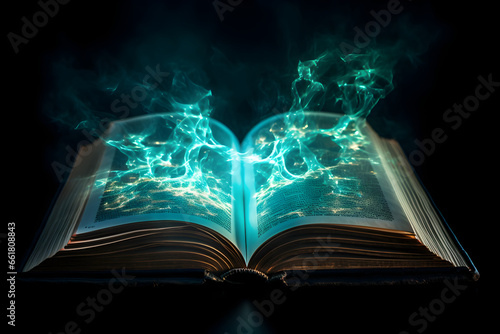 Sacred aura emanates from illuminated Holy Bible against a dark backdrop. Spiritual radiance in the shadows.