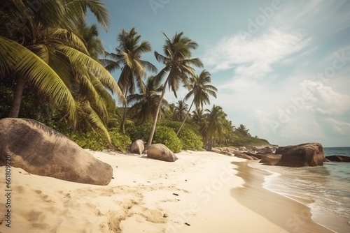 Tropical beach with palm trees and coconut trees on a beautiful paradise island. Generative AI