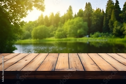 Idyllic lakeside ambiance: Wooden table against a backdrop of lush green forest and serene waters. High-quality image.