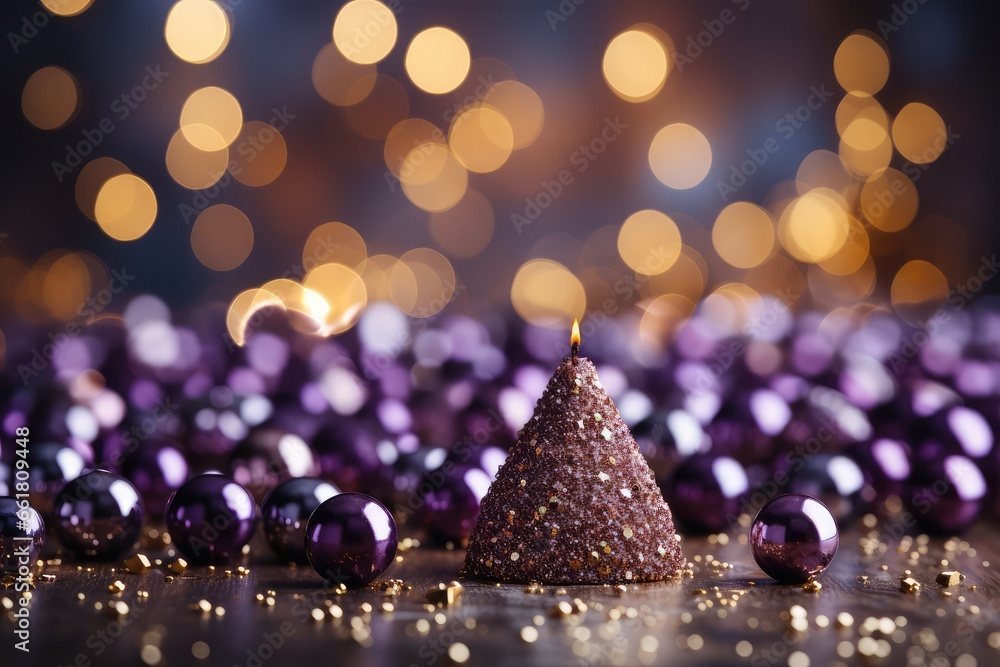 Purple christmas candles and baubles on bokeh background. A Cozy Purple Christmas Background with Bokeh Lights and Christmas Tree - obrazy, fototapety, plakaty 