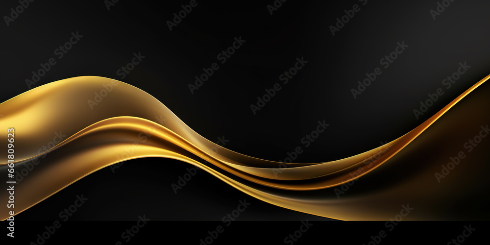 Fototapeta premium Abstract background with realistic golden and black wavy fluid shape. Interwined gold stripes. Generative AI