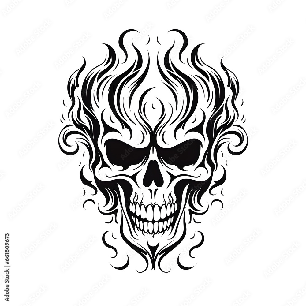 Burning skull tattoo in black and white, isolated on white. Fiery logo template with intense, dynamic design.