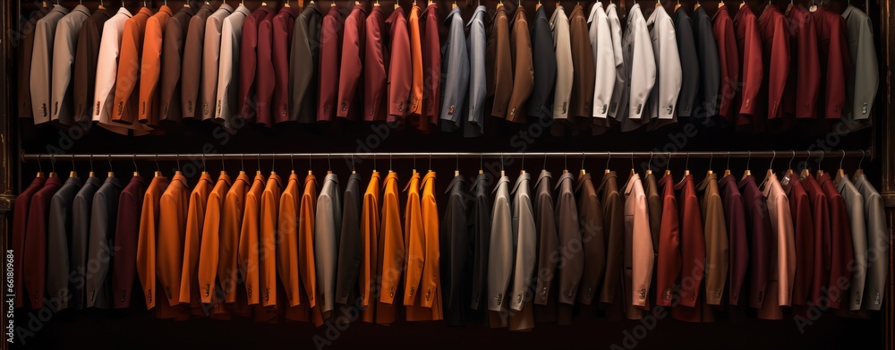 Row of men's suit jackets hanging in closet
