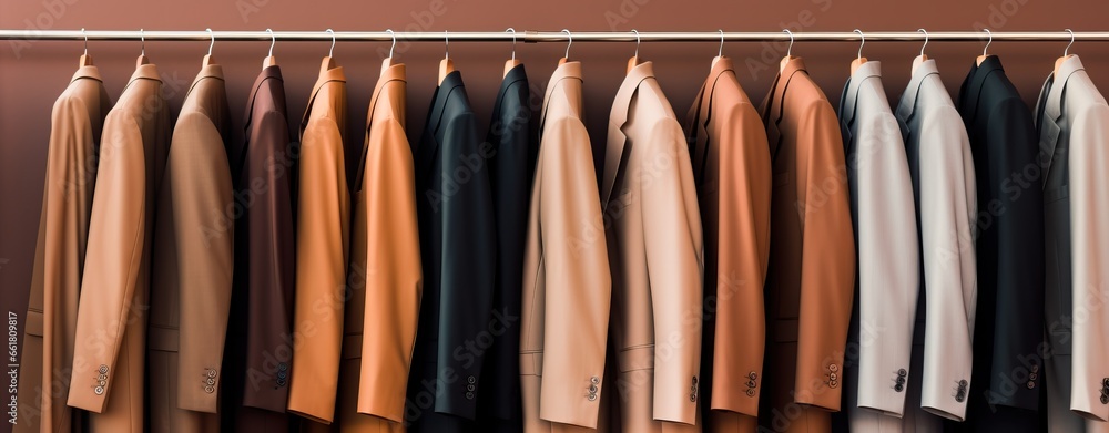 Row of men's suit jackets hanging in closet Row of men's suit jackets hanging in closet