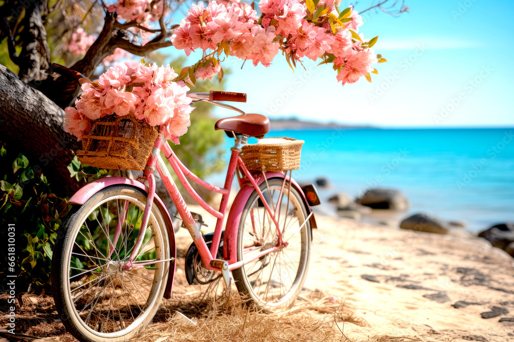 Abandoned retro pink bicycle standing on the sandy beach by the sea. Romantic concept on the background of the sea, beach, 