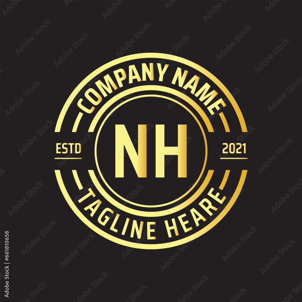 Professional simple Letter NH Circle Luxury Gold Color Vector Logo Template