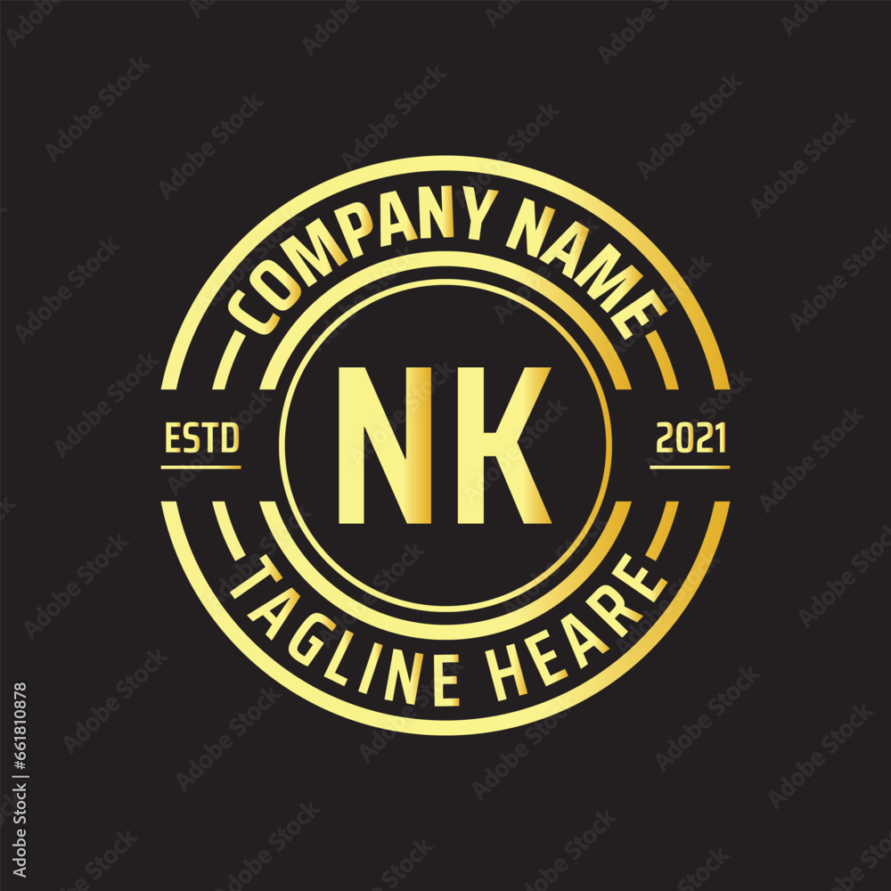 Professional simple Letter NK Circle Luxury Gold Color Vector Logo Template