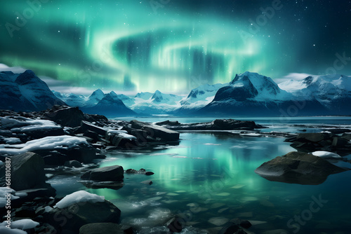 Winter Wonderland, Captivating Green Aurora Borealis Illuminating Icy Arctic Landscape