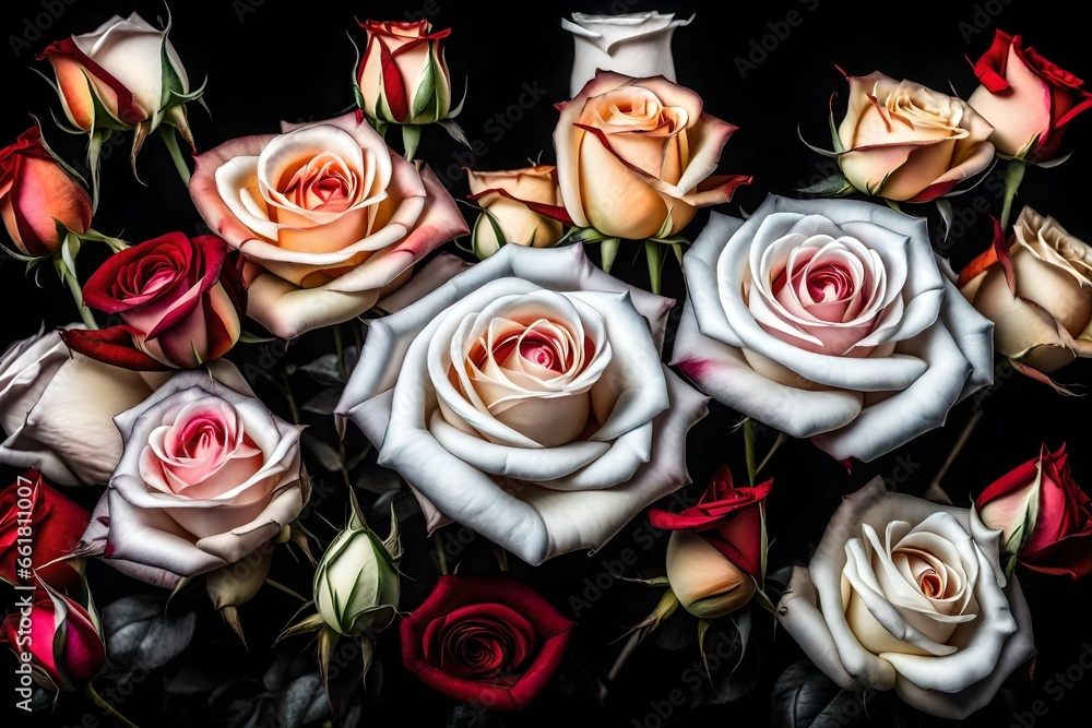 Rose white colored by multicolored light on the black background. Bouquet of painted roses