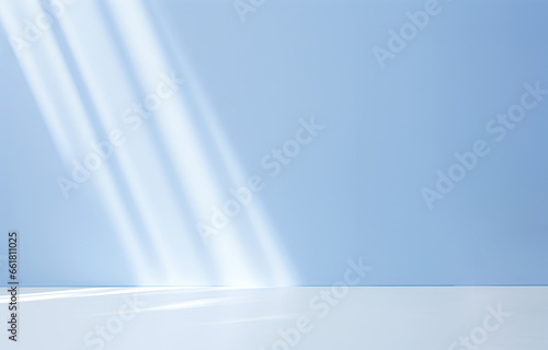 Empty white shelf on blue wall background. For display or montage your products. High quality photo