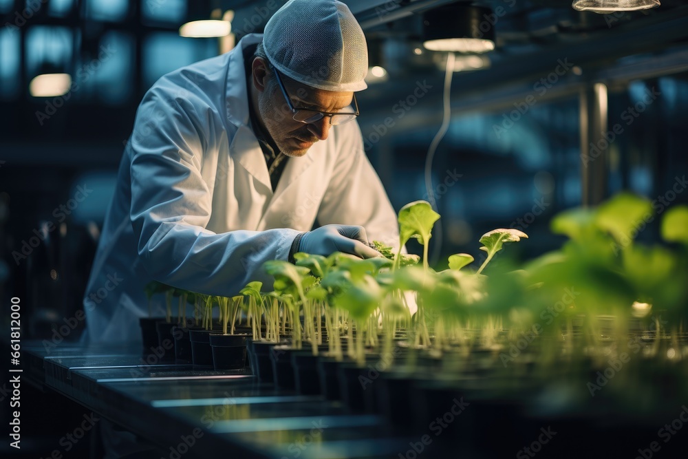 Greenhouse laboratory. A scientist working at Hydroponic lab. Generative AI Greenhouse laboratory. A scientist working at Hydroponic lab. Generative AI