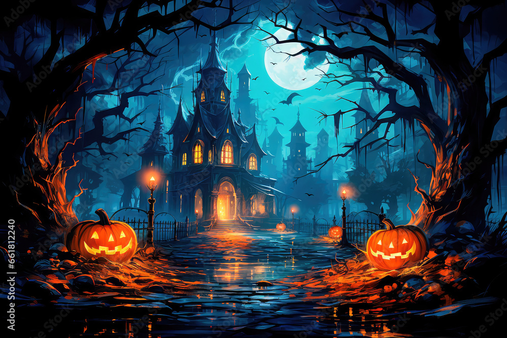 An abandoned scary house with pumpkins, a full moon, bats and fog. Pumpkins In The Cemetery On A Creepy Night, on a Halloween background. Generative AI