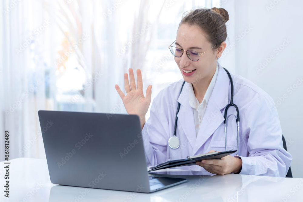 Scientist making online call using Laptop . Scientist or pharmacist work at modern Lab and virtual video conference meeting with colleagues family or friend Scientist making online call using Laptop . Scientist or pharmacist work at modern Lab and virtual video conference meeting with colleagues family or friend