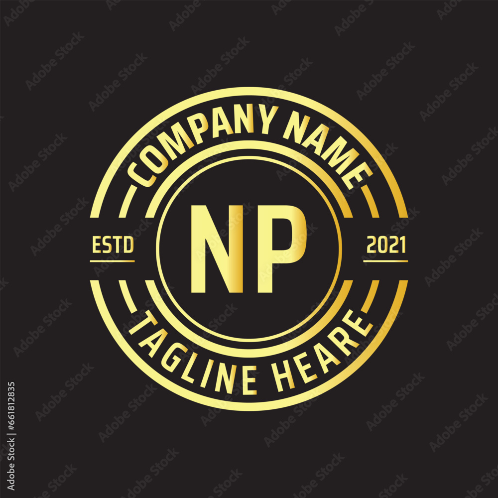 Professional simple Letter NP Circle Luxury Gold Color Vector Logo Template
