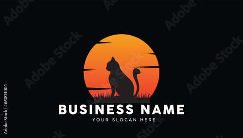 Vintage Retro Cat Sunset logo vector illustration. 