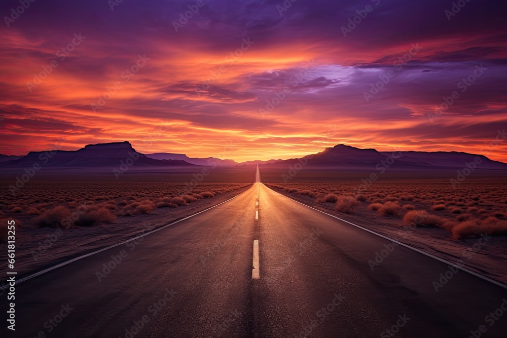 the sun is setting over a road in the middle of the desert, with a line of cars driving down the middle of the road. a road at sunset
