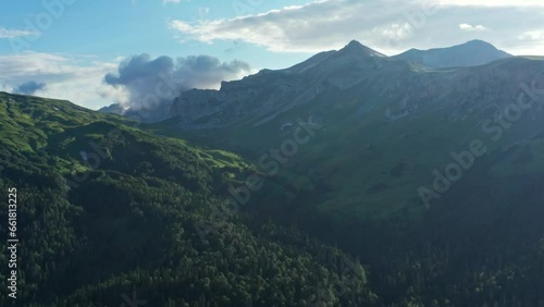 Flying up near Oshten mount at summer, Adygea, Caucasus Mountains, 4k photo