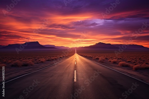 the sun is setting over a road in the middle of the desert, with a line of cars driving down the middle of the road. a road at sunset photo