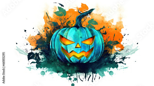 Watercolor painting of a Halloween pumpkin in teal colours tones. © darkredmon