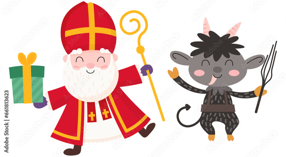 Happy and cute Saint Nicholas - Sinterklaas and Krampus celebrate Saint Nicholas Day - vector illustration isolated on transparent background Happy and cute Saint Nicholas - Sinterklaas and Krampus celebrate Saint Nicholas Day - vector illustration isolated on transparent background