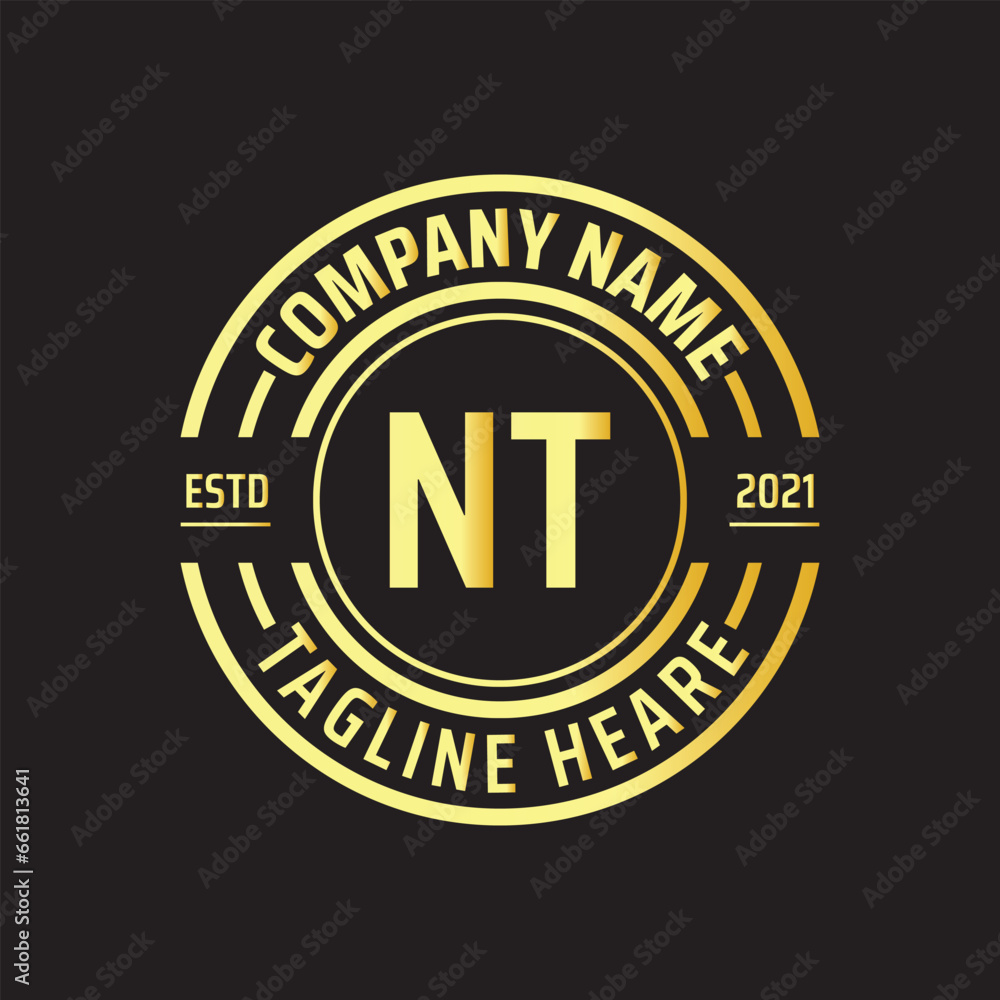 Professional simple Letter NT Circle Luxury Gold Color Vector Logo Template