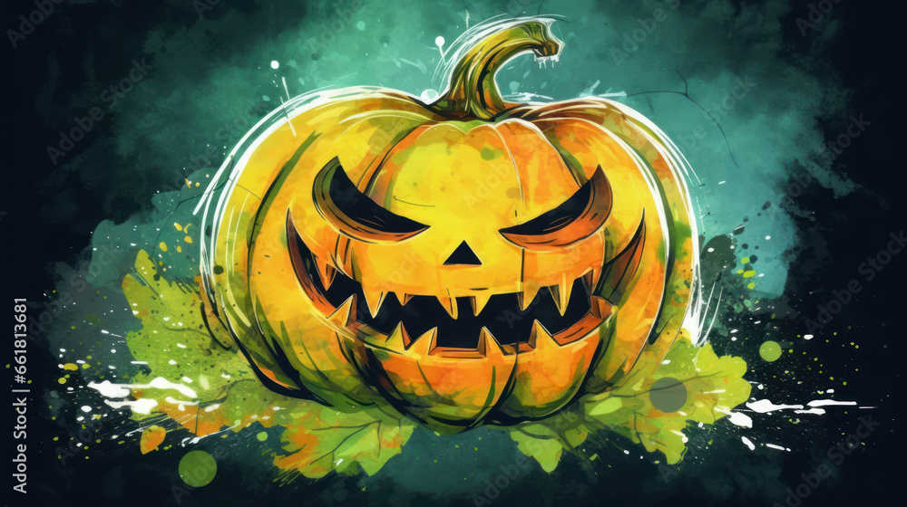 Watercolor painting of a Halloween pumpkin in dark lime colours tones.