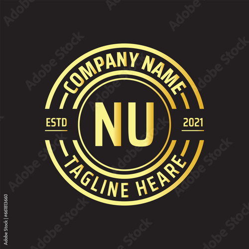 Professional simple Letter NU Circle Luxury Gold Color Vector Logo Template