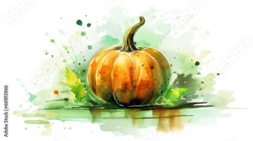Watercolor painting of a Halloween pumpkin in light green colours tones.