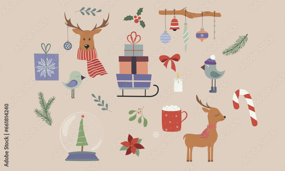 Naklejka premium Set of winter elements. Christmas and New Year. Festive decor. Christmas trees, Christmas decorations, snowflakes, gifts, sleighs, deer