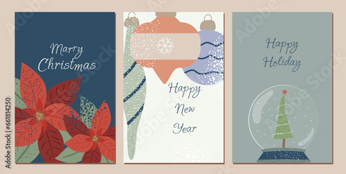 Set of postcards, invitations. Christmas and New Year. Festive banner. Christmas decorations, Christmas trees. Winter flowers. Magic bullet